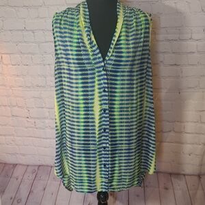 Vibrant Green and BlueSize 1X Sleeveless Long Blouse Lightweight Geometric